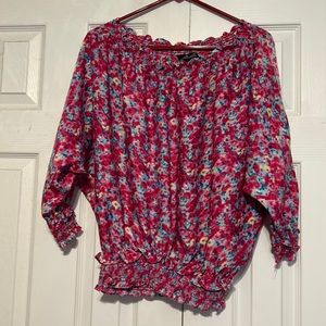Willi Smith Floral Print Satin Ruffle Off The Shoulder Top Pink Size Small